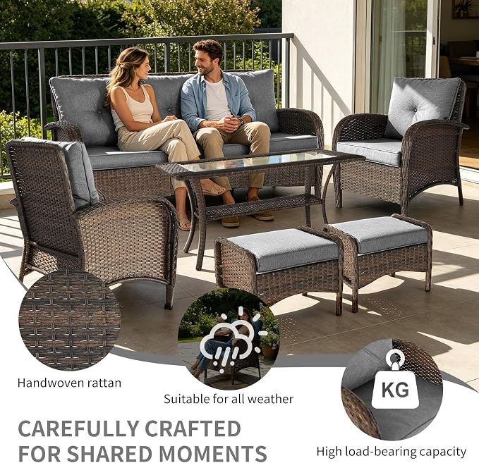Outdoor Swivel Rocker Patio Chairs (Brown Wicker/Grey Cushion, 6PC/Sofa & Chair &Coffee Table & Ottomans)