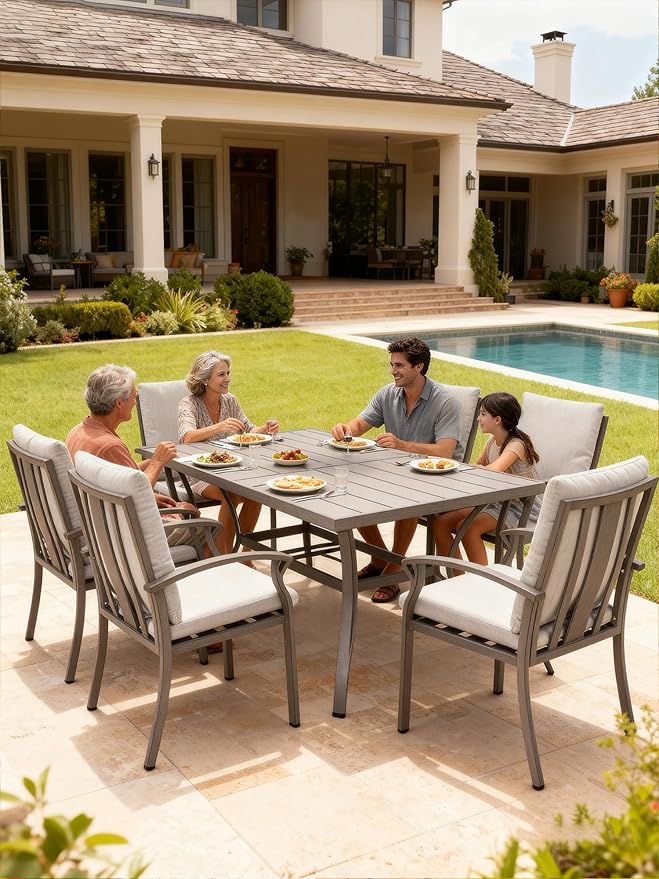 7-Piece Outdoor Patio Dining Set, Never-Rust Aluminum Patio Dining Set with Umbrella Hole, Outdoor Table and Chairs with Cushions, Patio Furniture Sets for Lawn, Garden, Backyard, Limed Oak