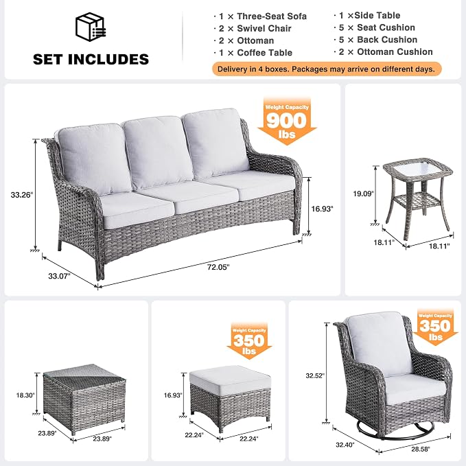 ovios 7 Pieces Patio Furniture Set with Swivel Rocking Chairs, Outdoor Wicker Sofa Couch Glass Coffee Table, All Weather High Back Modern Conversation Set, Grey Rattan, Grey