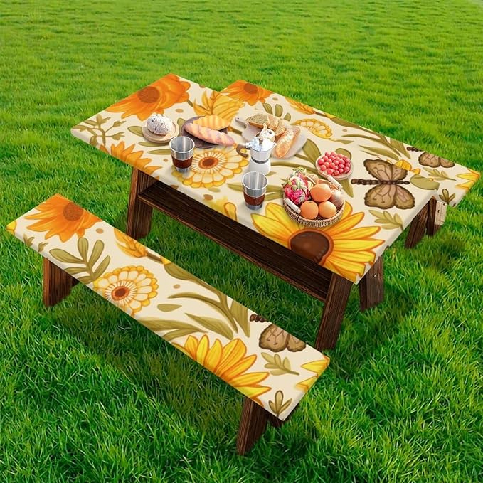 Yellow Floral Picnic Table Cover with Bench Covers Camping Essentials Outdoor Table and Chairs Decorative Sets Flexible Picnic Table 3 Piece Set Suitable for BBQ Picnic Party Camping