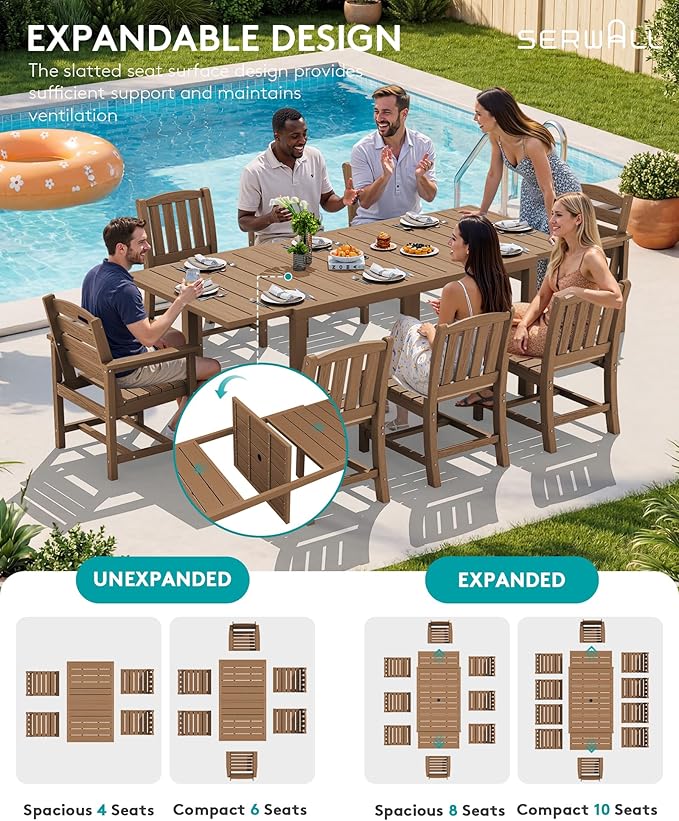 SERWALL Outdoor Expandable Dining Table 60" - 83", Brown | Patio Dining Table for 4-8 People, All Weather HDPE and Aluminum Outdoor Furniture