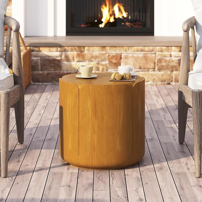 19.29" H Round Outdoor Indoor Side Table, Modern Wood Grain Patio Garden Stool, Sturdy MGO Waterproof, No-Assembly Table for Patio, Garden, Backyard, Living Room