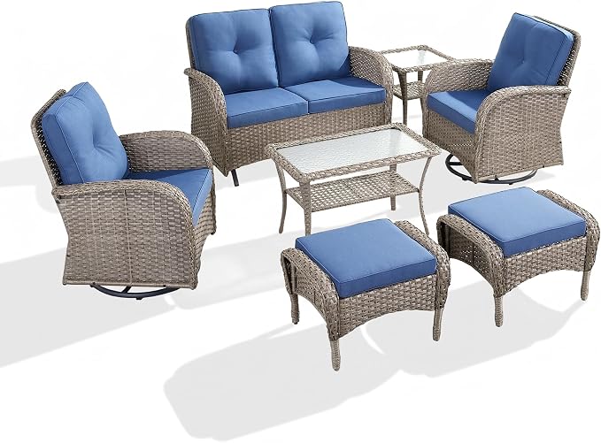 7 Piece Patio Furniture Set - Wicker Patio Conversation Set with Swivel Glider, Glider Loveseat, Tempered Glass Side Table and 2 Ottomans for Deck Backyard - Grey Wicker Blue Cushion