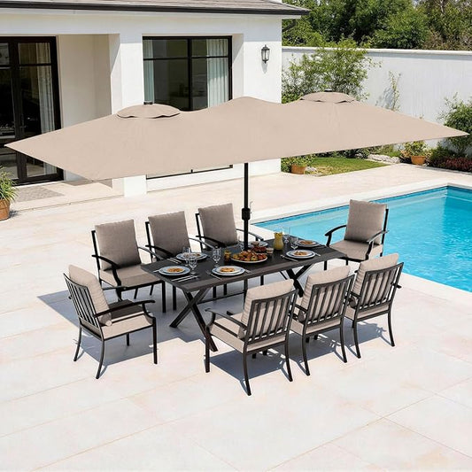 10-Piece Patio Dining Set,Metal Outdoor Furniture Set Includes 13.6FT Sand Umbrella,Hole Cut-Out 78.7" x 35.4" Table and 8 Metal Backrest Chairs for Backyard,Garden,Sand