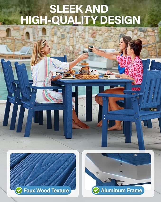 YEFU HIPS Patio Table Set: 10 Piece Outdoor Table and Chairs Dining Furniture Set with Umbrella Hole - Blue Modern Plastic Dining Sets 8 Person for Outside Deck with Metal Aluminum Frame