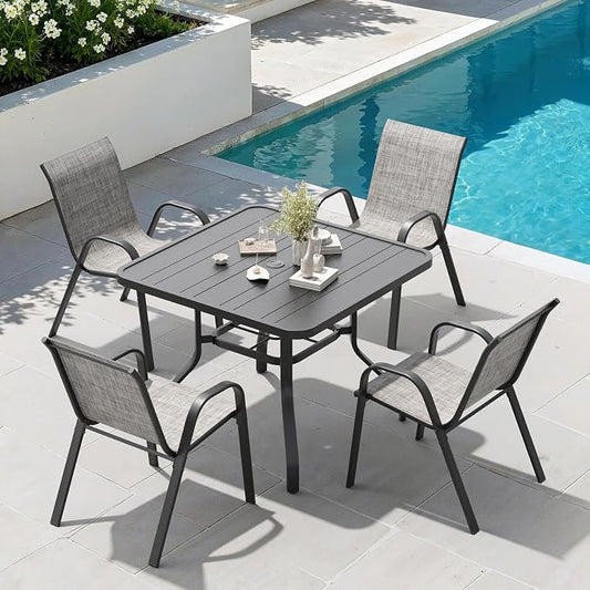 Soohow 5-Piece Outdoor Dining Set, Outdoor Patio Table and Chairs Set, 4 x Stackable Chairs & 1 x Outdoor Table with Umbrella Hole, All-Weather Patio Dining Sets for Poolside, Backyard and Porch