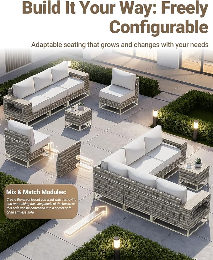 Outdoor Patio Furniture Set 13-Piece PE Rattan Wicker Outdoor Sectional Sofa with 5,000 BTU Fire Pit Table, Modern Modular L-Shaped Conversation Set with Thickened Cushions and Chunky Arms, White
