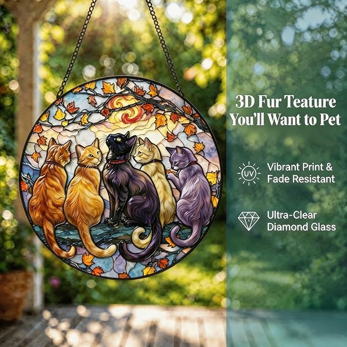 Deluxe Bundle | Stained Glass Window Hanging, Five Cats 3D Embossed Diamond Glass Suncatcher, 7-Piece Cat Lover Gift Set with Crystal Pendant & Invisible Hooks
