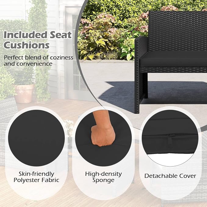 RELAX4LIFE 8-Piece Patio Furniture Set - Wicker Rattan Outdoor Sectional Sofa Set w/Glass Coffee Table, Loveseat, Chairs & Soft Cushions, Bistro Conversation for Garden Porch (2, Black-Black)