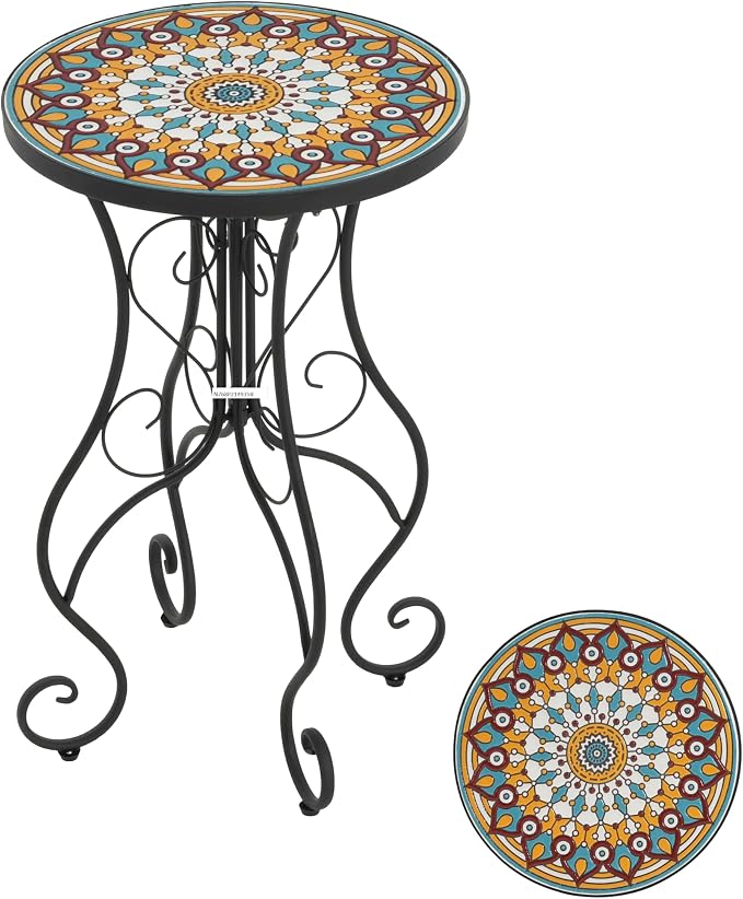 Christopher Knight Home Glady Outdoor Round Side Table, Patio Bistro Table with Ceramic Top and Metal Frame, Small Decorative Accent Table for Patio Garden Porch Balcony, Mandala