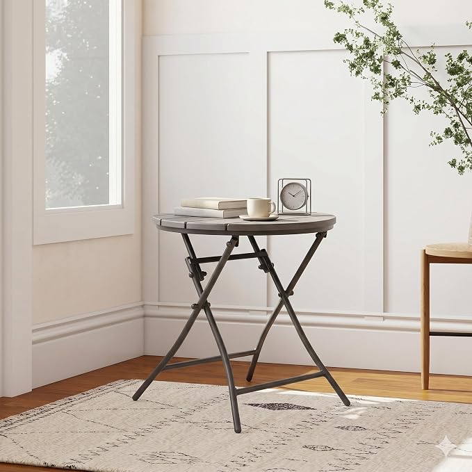 TeoKJ Folding Black Small Outdoor Side Tables, HDPS Patio Table with Metal Legs, Outdoor Small Round Table for Garden,Deck, No Assembly Patio Table Round Nightstand for Porch Yard Balcony Deck Lawn