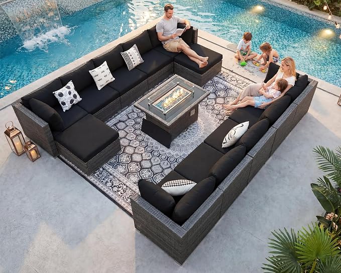 NICESOUL 13 Piece Patio Furniture w/Fireplace, Elegant Outdoor Seating w/Firepit, XL Size 29.3'' High Back Sectional Sofa, All-Weather Rattan Deck Couch, Modular Sturdy Conversation Set,Gray & Black