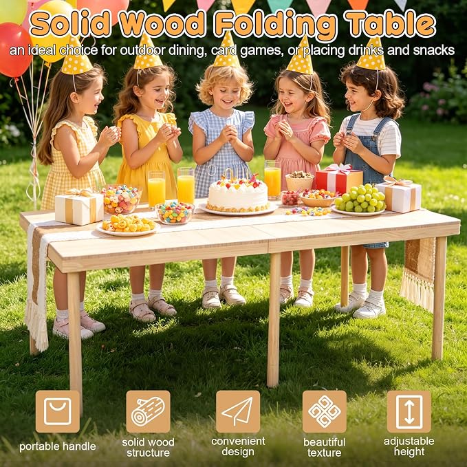 60'' Folding Wooden Picnic Table, Adjustable Height Portable Picnic Table for Outdoor Camping, Beach, Patio, Backyard, Solid Wood Boho Low Picnic Tables with Detachable Legs and Table Runner