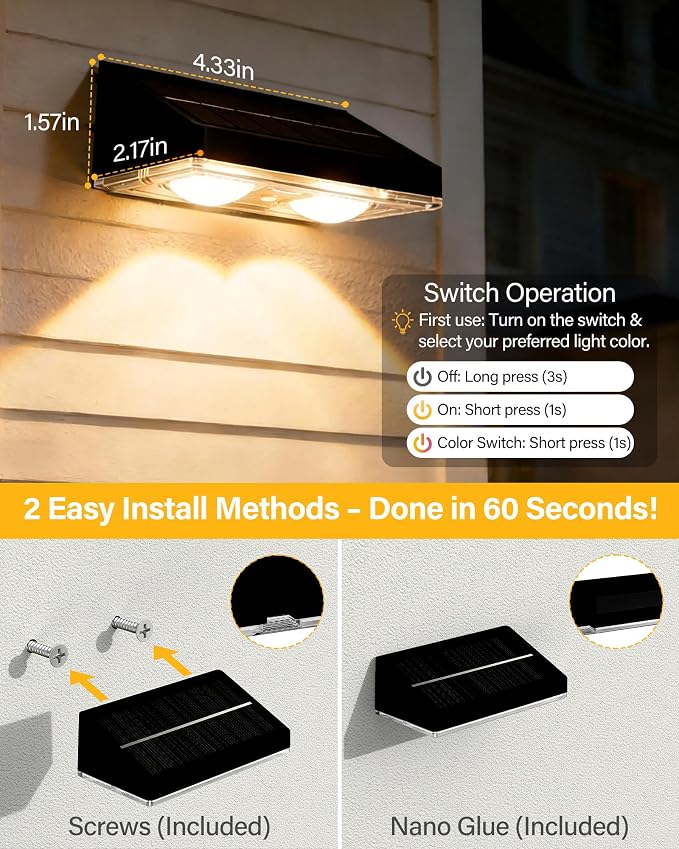 Solar Fence Lights Outdoor, 2 Pack Fence Lights Solar Powered | 85LM Solar Lights, 9 RGB Color Modes, IP65 Waterproof, 12H Dusk to Dawn Glow for Pool/Deck/Patio/Wall/Backyard - Light Black