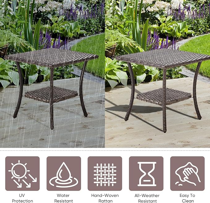Patio Wicker Side Table-Outdoor PE Rattan End Table with 2-Tier Storage Shelf Square Coffee Table for Deck Porch Garden Backyard-Brown
