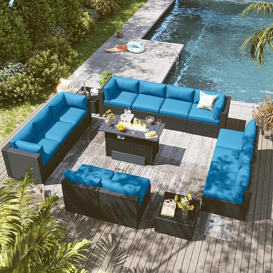 LazySunsets 15 Piece Outdoor Patio Furniture Set with 44'' Fire Pit Table, Outdoor Patio Furniture Set with Thicken Cushion, Wicker Rattan Outdoor Conversation Set for Backyard & Garden, Peacock Blue