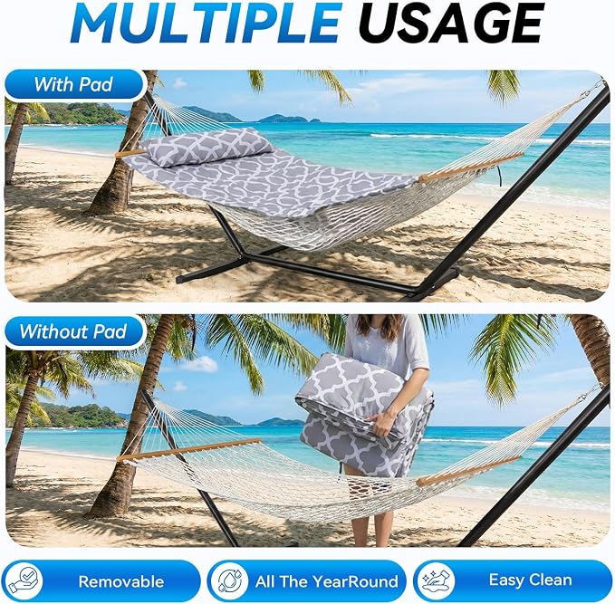 ANAGOO Double Hammock with Stand – Portable Cotton Rope Hammock with Removable Quilted Pad & Pillow, Adjustable Steel Frame for Patio, Backyard, Garden, Park, Camping & Outdoor Relaxation – White Gray