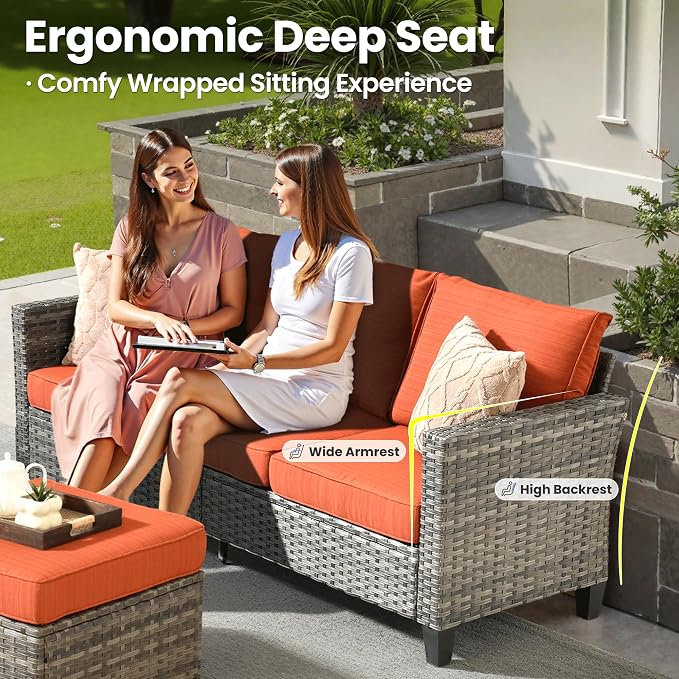 ovios 7 Pieces Patio Furniture Set, Outdoor Wicker Rattan Sofa Couch with Swivel Glider Chairs Loveseat Comfy Cushions Modern Conversation Set for Backyard Porch, Orange Red