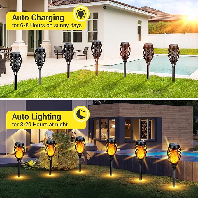 Solar Torch Lights Outdoor Flickering Flame for Halloween Decorations | Upgraded 10 Pack Flame Halloween Solar Lights Outdoor for Garden Decor, Tiki Torches for Outside Yard Patio Pathway Decor