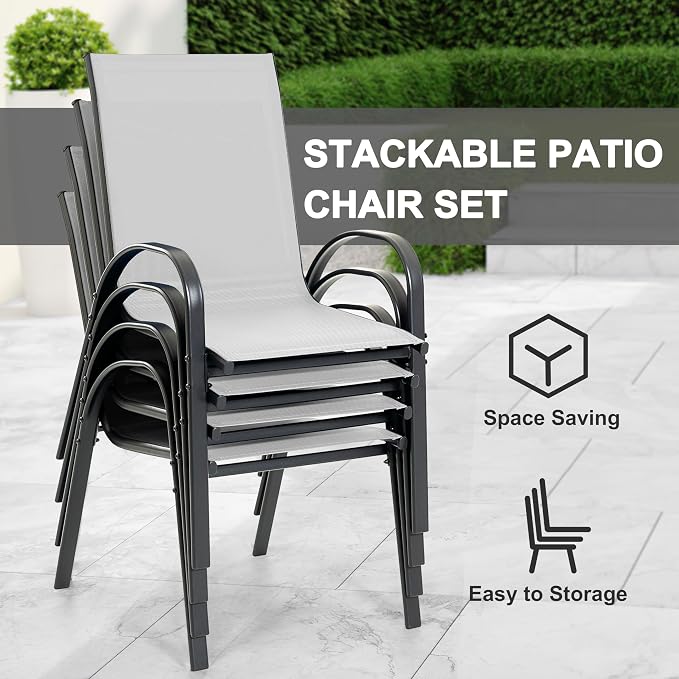 NUU GARDEN 5-Piece Outdoor Patio Dining Set, All-Weather Metal Dining Table with 1.57" Umbrella Hole and 4 Ergonomic Stackable Chairs, Textilene Furniture for Garden, Backyard, Black Gray