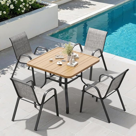 Soohow Outdoor Dining Set for 4, Outdoor Patio Dining Set 4 x Stackable Chairs & 1 x Wood-Like Outdoor Table with Umbrella Hole, All-Weather Patio Table and Chairs for Poolside, Backyard and Porch