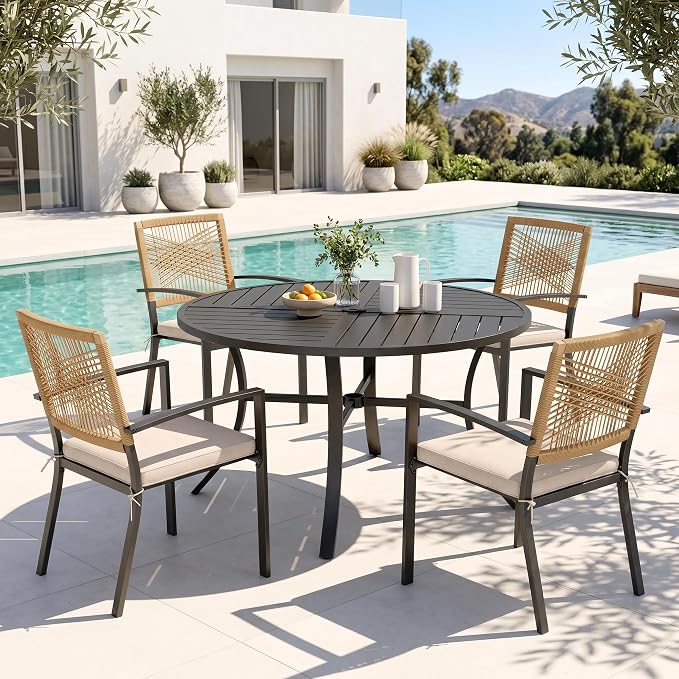 PHI VILLA Outdoor Dining Set for 4, 42" Round Table, Wicker Chairs | 5 Piece Patio Dining Set, Round Patio Dining Table Set with Patio Wicker Chairs for Garden, Porch, Deck