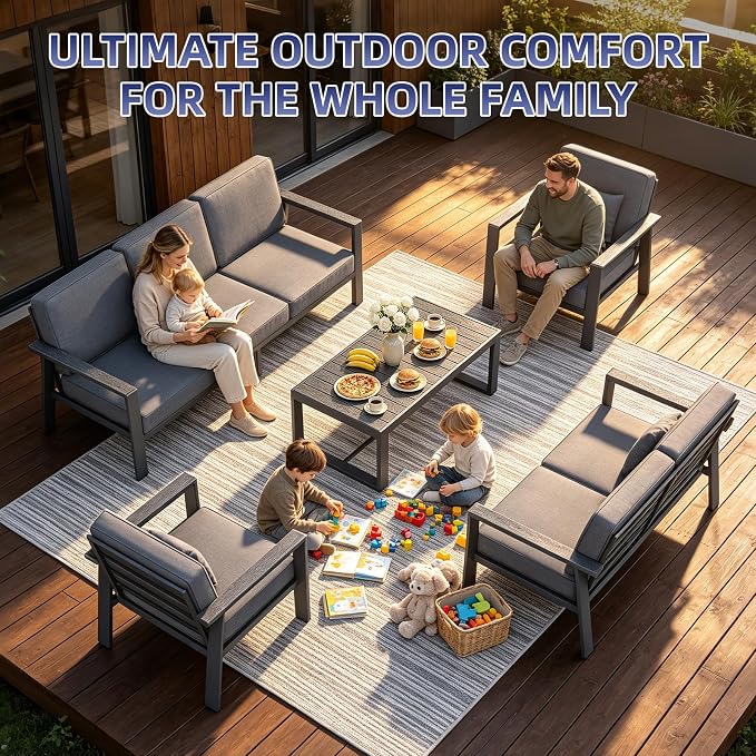 Premium Aluminum Patio Furniture Set 5 Piece,Outdoor Conversation Set with Wide Armrests,5" Thick Cushions, Olefin Fabric,Rustproof Metal Frame,Deep Seating Patio Sofa Set for Backyard,Deck,villa,Gray