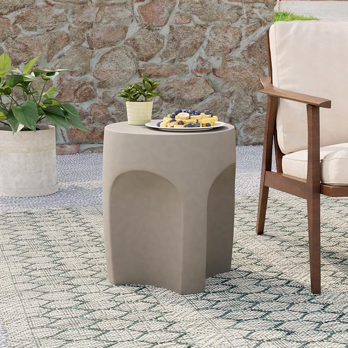 COSIEST Concrete Side Table Drum Shape,17''H Outdoor Side Table, Patio Accent Table Cement End Tables, Garden Decorative Stool, Plant Stand Drum Table, Grey