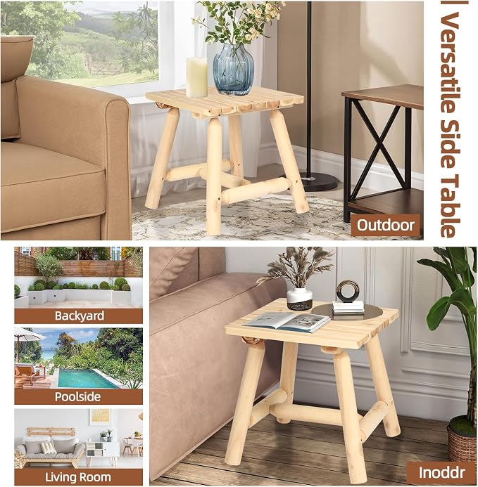 HOMEDIARY Wooden Adirondack Log Side Table, Cedar Wood Outdoor Square End Table w/Slatted Tabletop, Oversize 19.5” Indoor Outdoor Patio Side Coffee Table for Garden Patio Backyard Porch, Carbonized