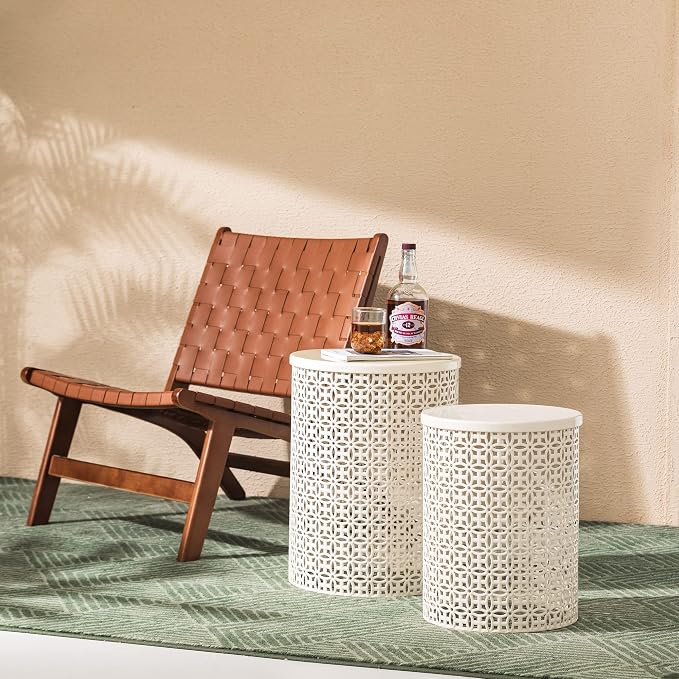 Glitzhome Outdoor Side Table Set of 2, Decorative Garden Stool for Patio, Heavy Duty Metal Frame Accent Table Modern End Table, Cream White | Decorative Garden Stool