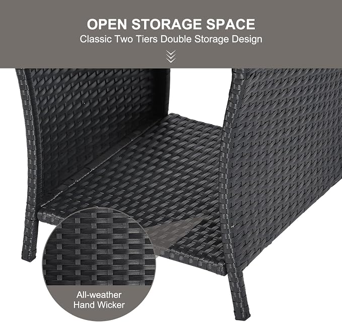 Outdoor Patio Side Table Small Black Wicker Rattan End Table for Outside Storage Coffee Table with Poly Lumber Table Top for Garden Lawn Pool Porch Deck