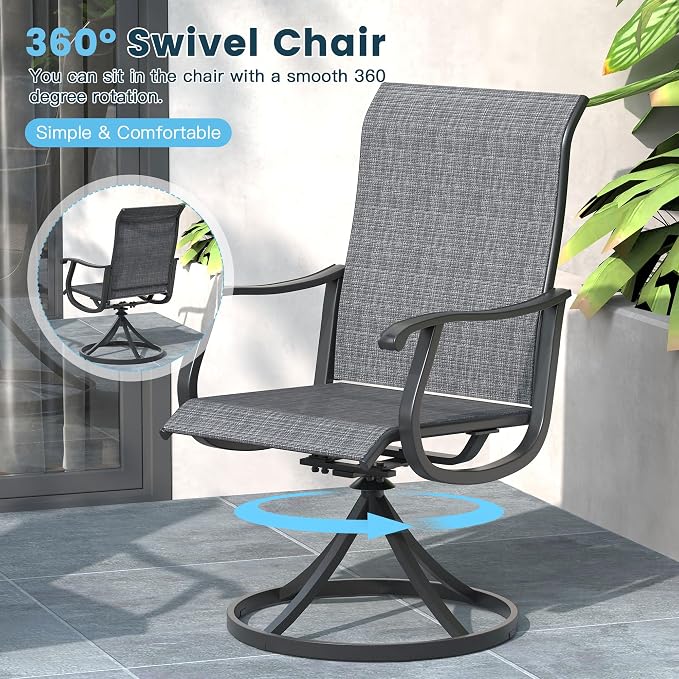 7 Pieces Patio Furniture Dining Set, 6 Textilene Swivel Dining Chairs, 53" Outdoor Round Metal Table with 1.57" Umbrella Hole, Outdoor Dining Set for Porch, Lawn, Garden, Black/Black