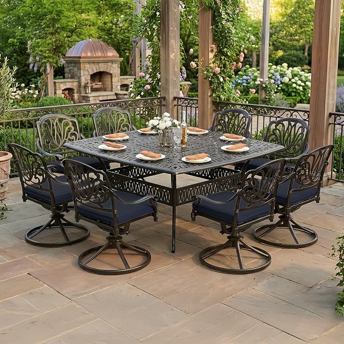 VIVIJASON 9-Piece Outdoor Furniture Dining Set for 8, All-Weather Cast Aluminum Patio Table and Chairs Set with 8 Swivel Rocker Chairs, 64" Large Square Dining Table with 2.2" Umbrella Hole, Navy Blue