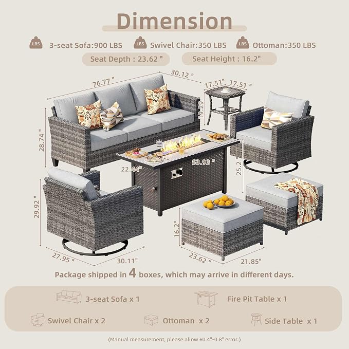 CAODOC 7-Piece Outdoor Wicker Patio Set with 7 Seats, Including 53" Fire Pit - Swivel Rocker Chairs and Conversation Set for Backyard or Lawn, Gray Rattan with Waterproof Dark Gray Cushions