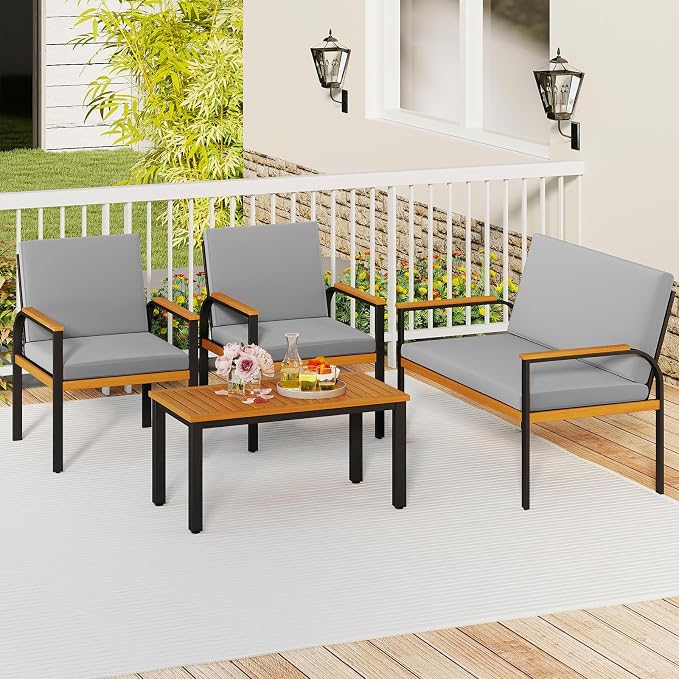 Tangkula 4 Pieces Patio Furniture Set, Outdoor Conversation Set with Acacia Wood Coffee Table, Cushioned Loveseat & 2 Single Armrest Chairs, for Porch, Garden, Backyard, Poolside