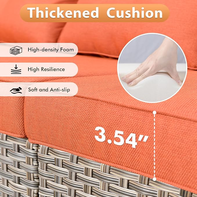 Outdoor Patio Furniture Sets, 5 PCS Patio Conversation Set Outside Rattan Sofa with 54 in Fire Pit Table Comfy Cushions Fit Backyard Porch Garden Poolside Balcony,Orange Red