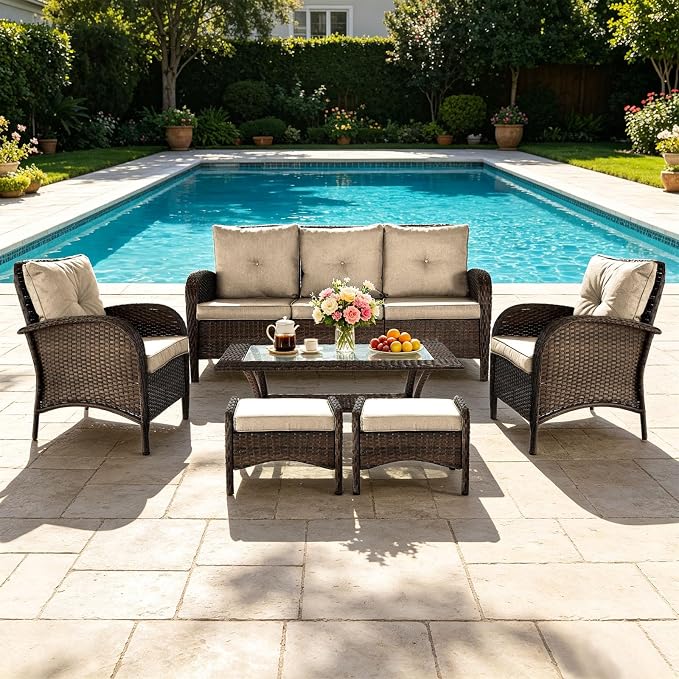 All Weather Patio Furniture Set, High Back Swivel Rocker Glider Chairs，Ottomans & Glass Tables, Outdoor Conversation Set for Deck Porch Yard Poolside (Brown, 7PCS-Sofa&Chairs&Ottomans&Table)
