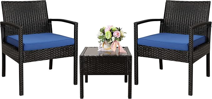 3PCS PE Rattan Patio Conversation Set, Outdoor Patio Furniture Sets | Thick Polyester Cushions, Tempered Coffee Table, Steel Frame Holds 330 LBS for Backyard Lawn Porch Poolside Balcony, Blue