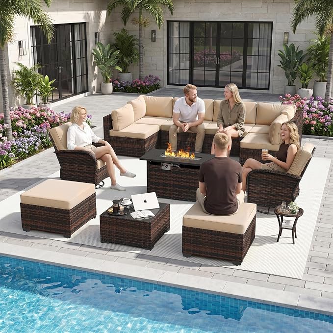 Aoxun 13 Piece Outdoor Patio Furniture Set with 44'' Fire Pit Table, Wicker Rattan Outdoor Furniture with High Back Swivel Rocker Chairs, Outdoor Conversation Set with Thick Cushion & Ottoman, Beige