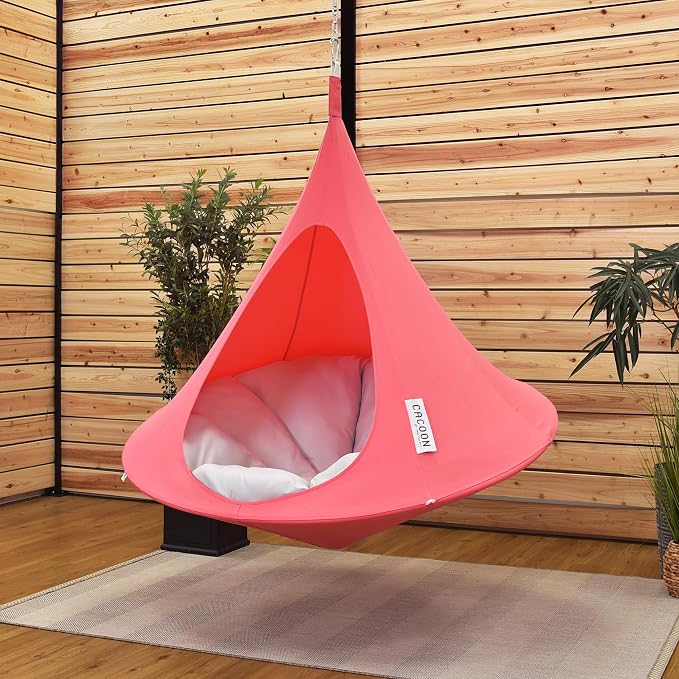 Single Cacoon Hanging Chair – Cozy Indoor/Outdoor Hammock with Polyester Canvas, 440 lb Capacity, Includes 18ft Rope & Carabiner (Coral Rose)
