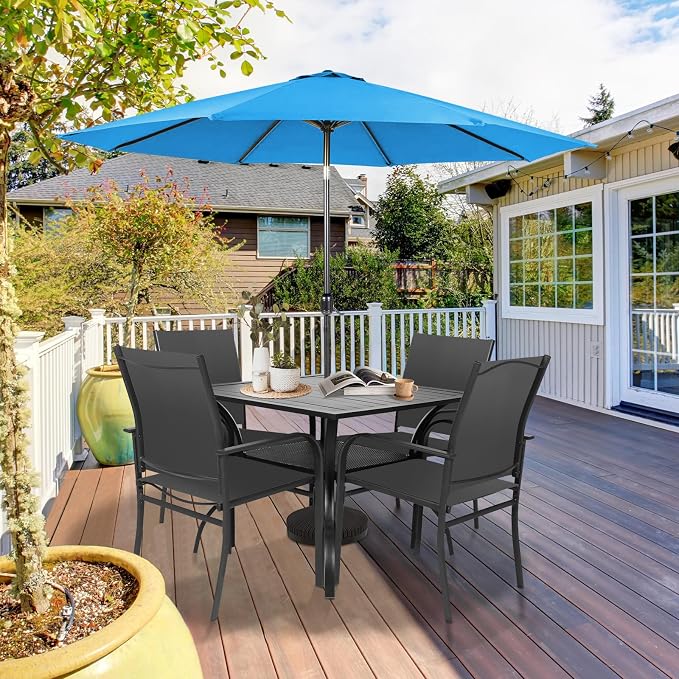 SUNCROWN 6 - Piece Outdoor Dining Set, Patio Furniture Set with 4 Textilene Dinning Chairs, 1 Steel Slat Metal Bistro Table and 1 Sky Blue 9Ft Patio Umbrella for Lawn Garden Backyard Deck, Black