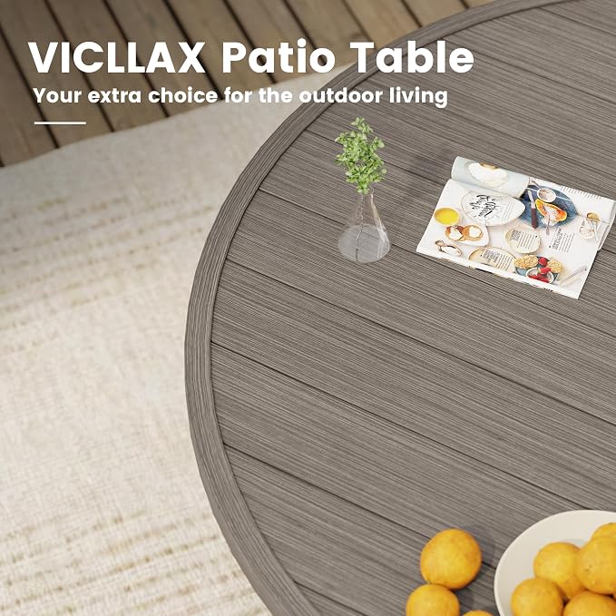 VICLLAX 53" Round Patio Table, Outdoor Dining Table for 8 with Umbrella Hole for Garden Lawn Deck Backyard, Antique Grey