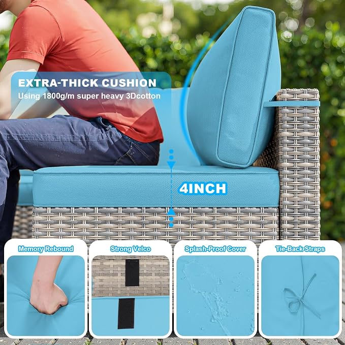 8-Piece Modern Patio Conversation Set with 55,000 BTU Fire Pit Table, Thick Cushions, Dual-Strand Wicker Rattan, Rust-Resistant Frame, Lake Blue