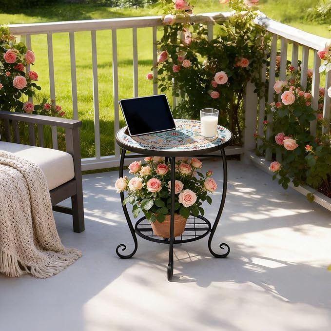 VINGLI Outdoor Side Table for Patio, Small Outdoor Table with Storage Shelf, Heavy Duty Metal Frame Patio Side Table for Outside Balcony Garden Porch (Celadon Flower Realm)
