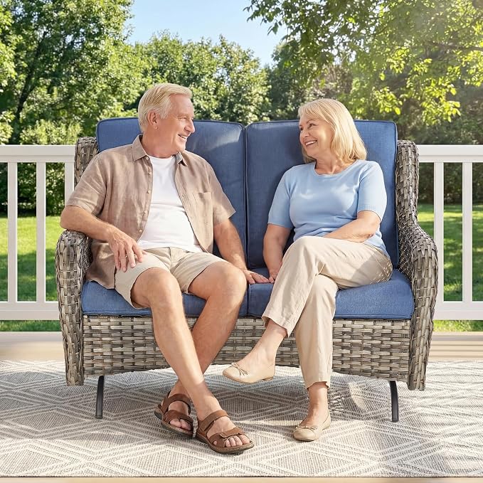 Patio Loveseat Sofa, Outdoor Wicker Loveseat with Luxury Thick Cushion, All-Weather Patio Furniture Set, Outdoor Glider Bench for Garden Balcony Backyard(Grey Wicker/Blue Cushion)