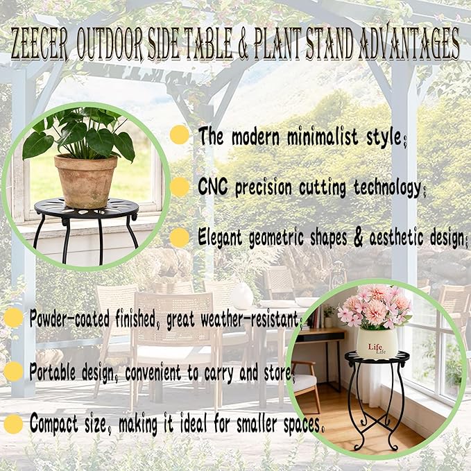 MINI Outdoor Side Tables, 10" Round 15" Tall Patio Side Table Plant Stand, Set of 2 Metal Small Round Side Table for Patio Yard Porch Balcony Garden Bedside Indoor Outdoor Use