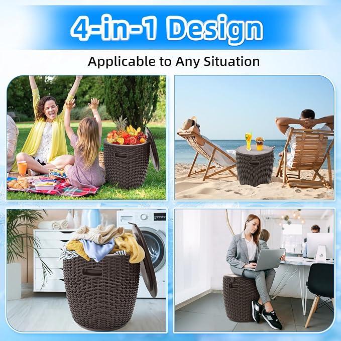 Outdoor Ice Cooler Side Table 9.5 Gallon Grey, Rattan Pattern Round Portable Ice Chest with Built-in Handle, Top Lid Side Handles Drainage Plug Bar Table for Patio Decor, Pool, Party