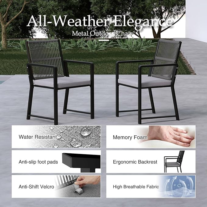 Outdoor Patio Wicker Rattan Dining Chairs, Heavy-Duty Wrought Iron Frame Supports 400lbs, Ergonomic Backrest, Detachable Breathable Cushion, for Garden & Porch, Black, Set of 2