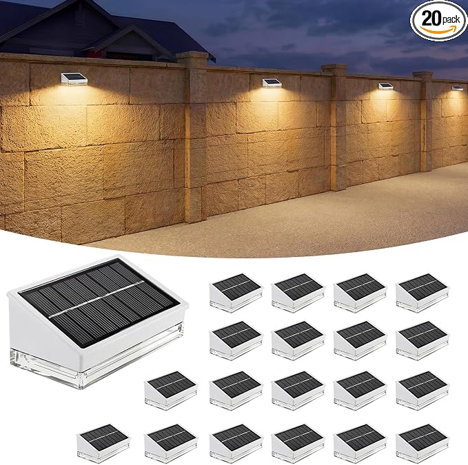 Solar Fence Lights 20 Pack, Outdoor Solar Lights with 3 Color Temperatures, IP65 Waterproof Wide-Angle LED Lighting for Fence, Patio, Yard, Deck, Wall, Garden (White)