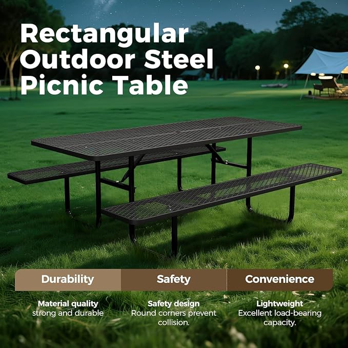 72" Coated Round Metal Picnic Table for 4-6 Person, Durable Heavy Duty Commercial Picnic Table with Umbrella Hole for Outdoor Coffee Shop, School, Easy to Install, Black